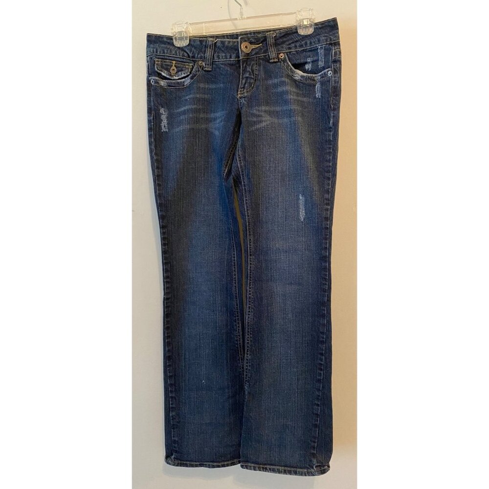 Guess Blue Jean Pants Denim Button Back Pockets Distressed Size 28